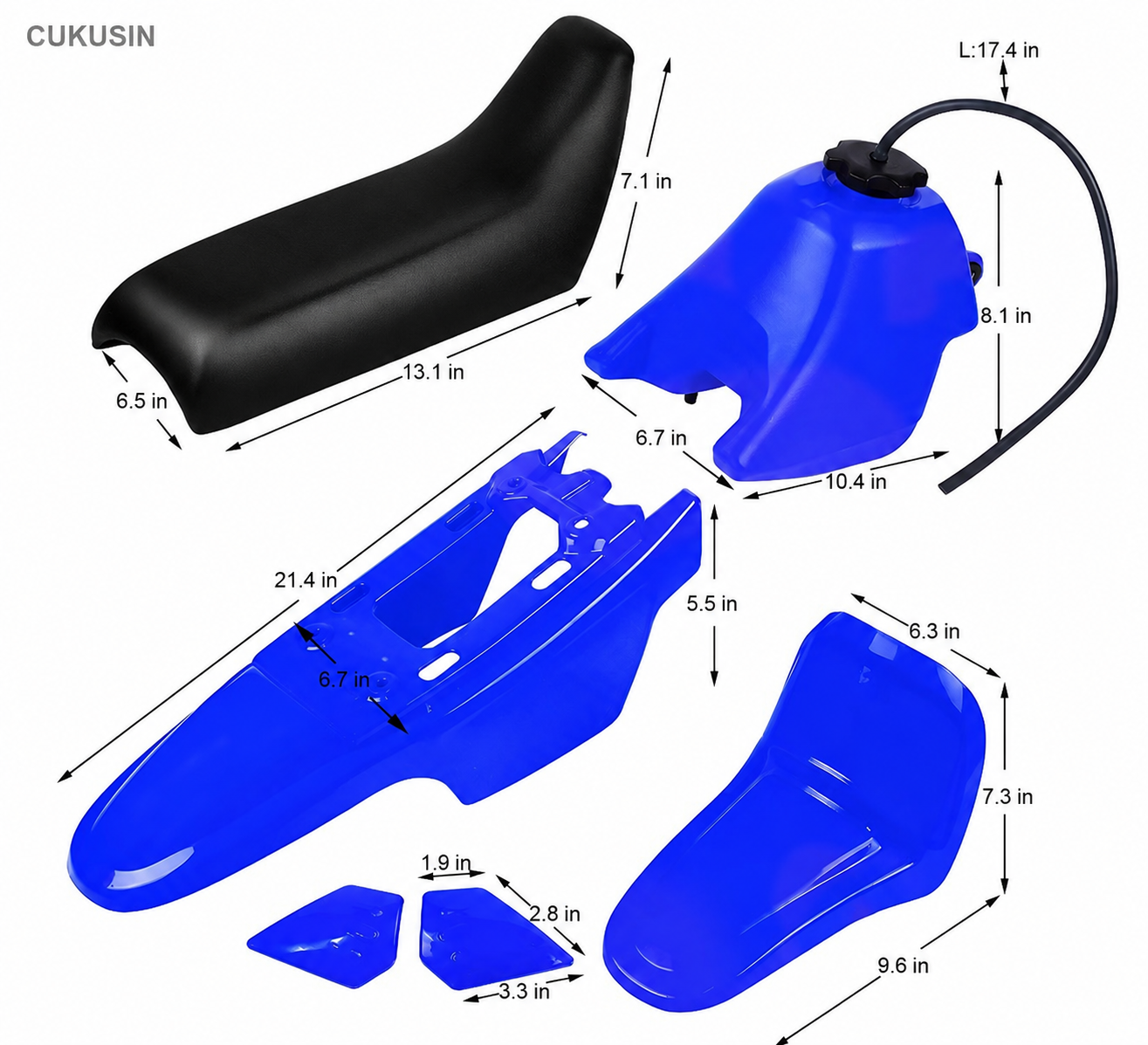 Blue plastic parts for Yamaha pw50 body kits, including plastic fenders, body shell, seat, and fuel tank kit — CUKUSIN logo image