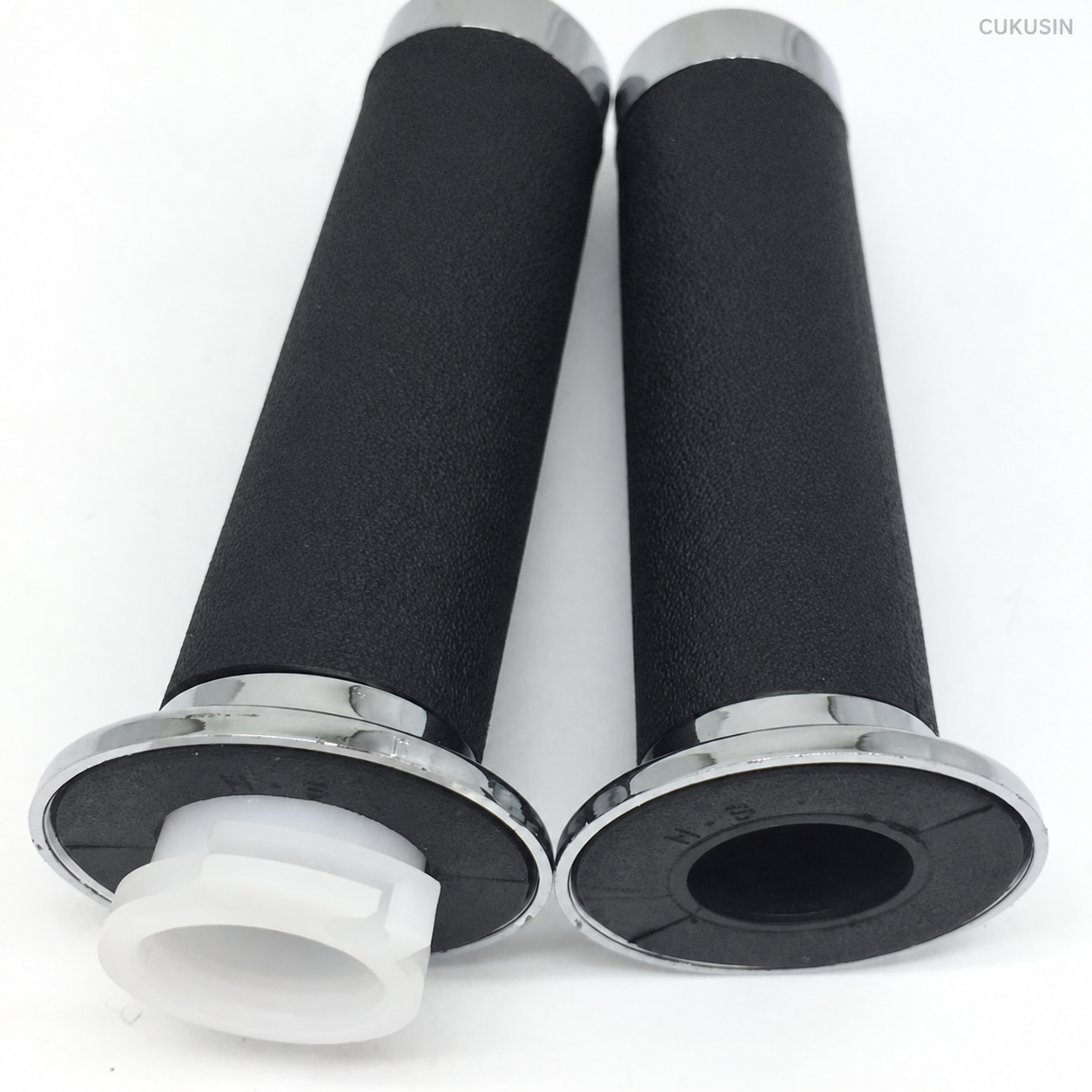 Black Foam Motorcycle Handlebar Grip Set with Chrome End Rings — CUKUSIN logo image