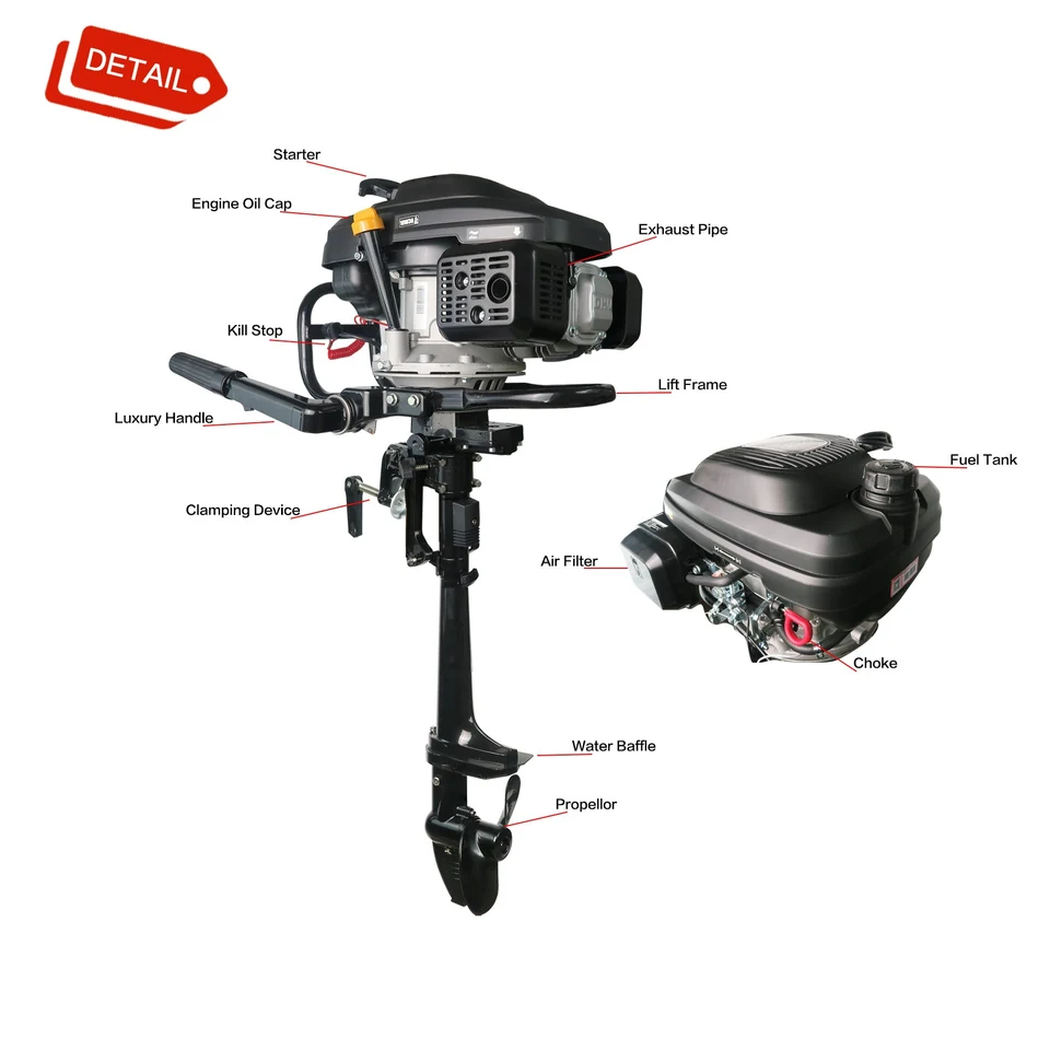 4 Stroke 7.5 HP Outboard Motor Air Cooling, with Luxury Handle, Engine Cover and Kill Urgent Stop Switch — product view 3